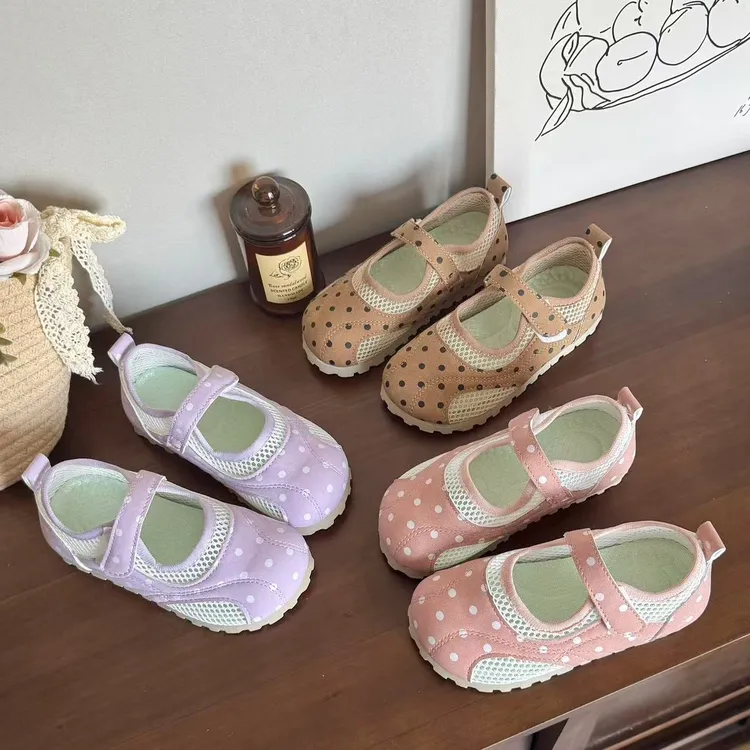 2025春季新款女童波点小皮鞋软底防滑透气单网镂空韩版浅口休闲鞋
