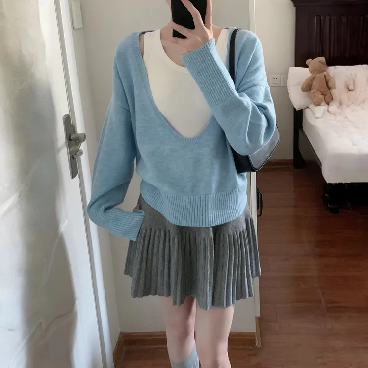 大码韩系V 领针织衫内搭背心百褶裙一整套女秋季胖mm甜美减龄套装