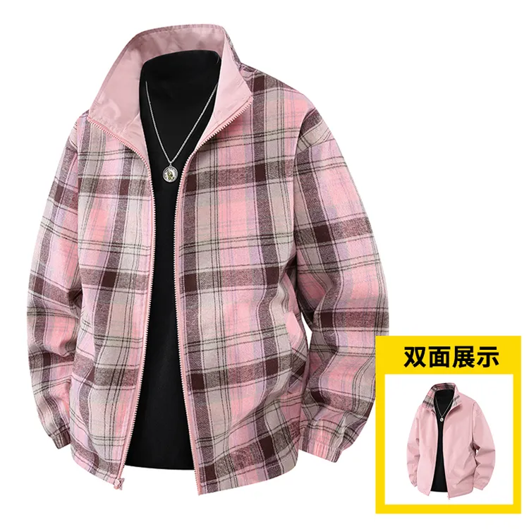 夹克男双面穿男款百搭格子立领休闲季男生格纹翻领外套薄款春秋季