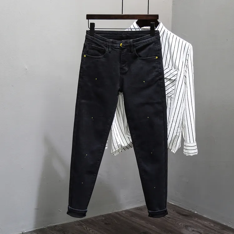 秋冬季新款加绒加厚牛仔裤男个性泼墨修身小直筒痞帅百搭九分长裤