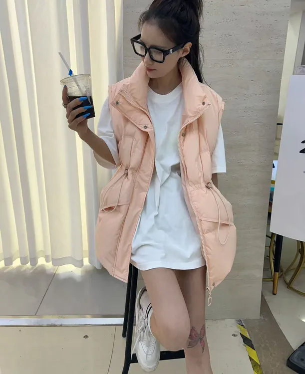 【PSX-M13】白鹅绒抽绳马甲时尚百搭纯色皮粉色休闲马夹韩版秋冬