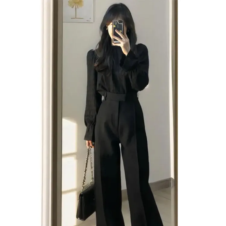 早秋穿搭套装女生新款黑色衬衫西装裤子高级感时尚通勤秋季两件套