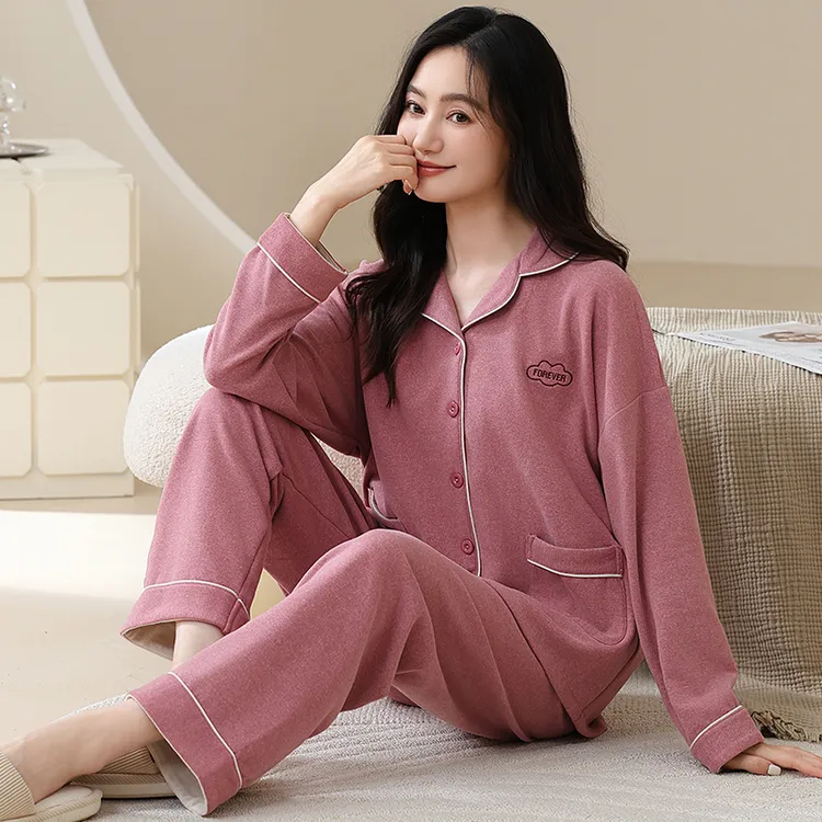 德绒女士睡衣长袖长裤秋冬休闲保暖套装开衫宽松大码春秋季家居服
