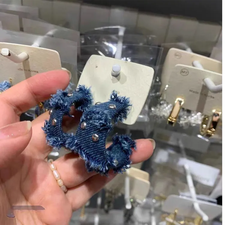 铜合金布艺耳饰 缠绕蓝色布艺牛仔风铆钉耳环个性耳坠耳圈新爆款