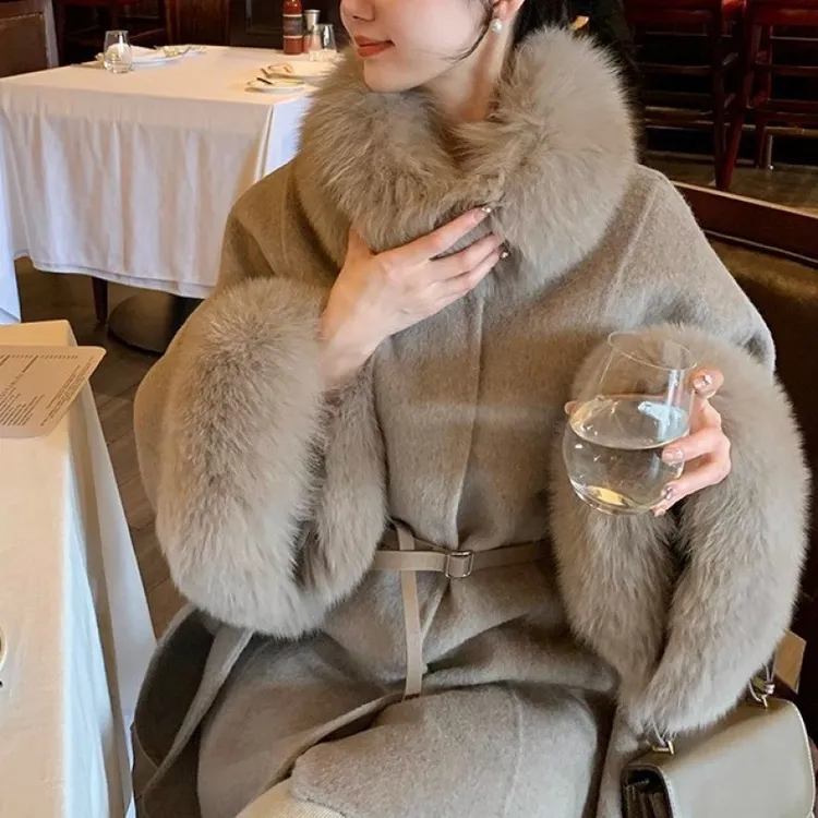 韩板宽松大毛领系腰带毛呢外套2025秋冬款时尚气质斗篷型毛呢大衣