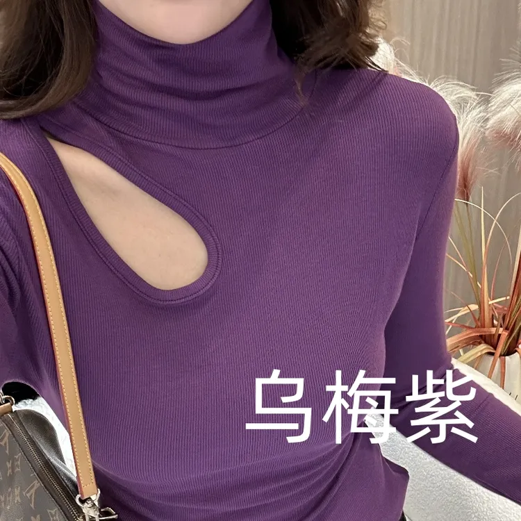 高领挖空设计加绒加厚长袖修身显瘦打底衫女上衣2023冬季新款653