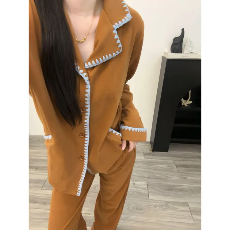韩版复古撞色拼接德绒睡衣女秋冬新款保暖开衫长袖长裤家居服套装