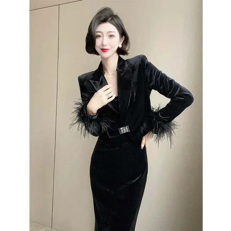 【两件套】有里布黑色西装外套女春秋韩版休闲连衣裙套装HY0085