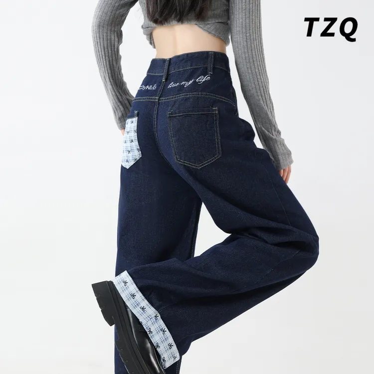 复古刺绣阔腿牛仔裤女爆款2025新款秋季高腰显瘦设计感翻边直筒裤