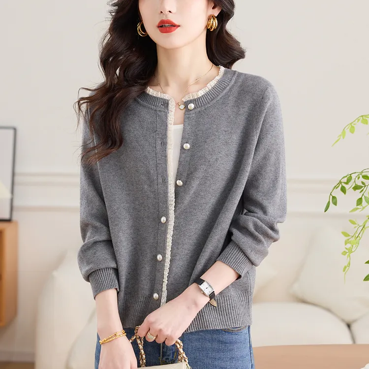 小香风女装毛衣时尚蕾丝边圆领针织衫百搭显瘦高级感上衣2025新款