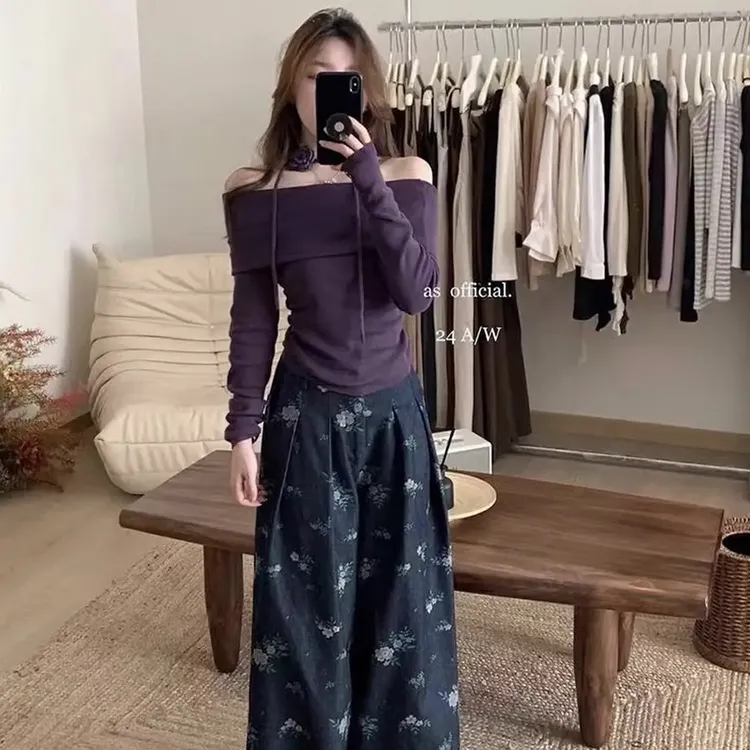 大码女装花朵一字肩长袖磨毛收腰设计感胖mm遮肉显瘦小衫打底衫