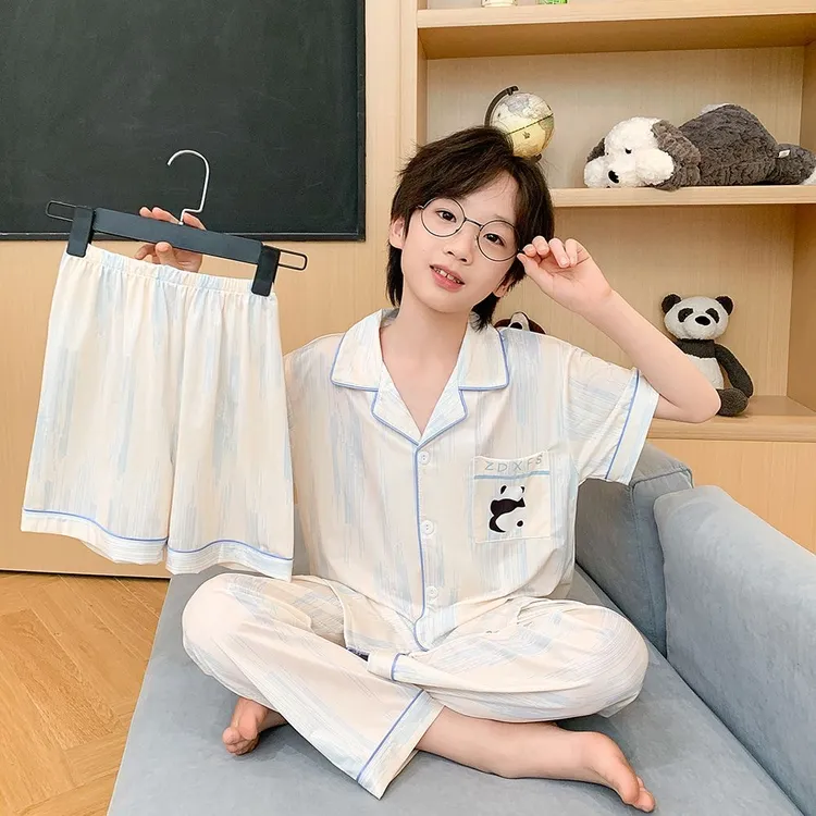 儿童睡衣夏季冰丝新款中大男童家居服夏天薄款小孩空调服三件套装