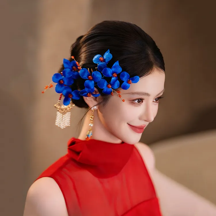新娘国风高级手作复古蓝色绒花发簪古风结婚旗袍中式发饰G0310