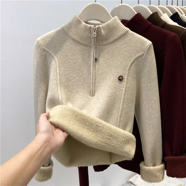 加绒半高领拉链毛衣针织衫女秋冬显瘦打底衫加厚一体绒内搭上衣女