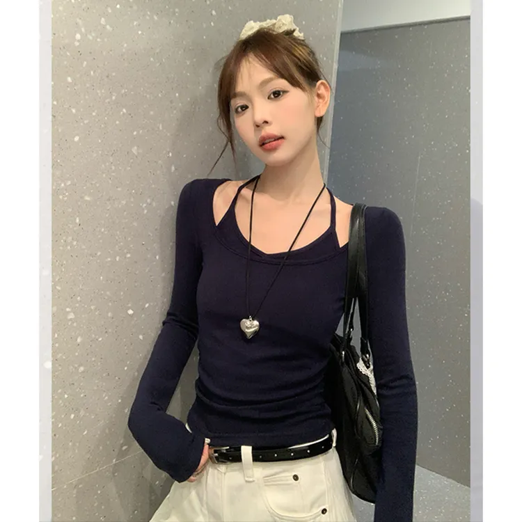 翰代维辣妹挂脖长袖T恤女秋季新款修身内搭假两件显瘦打底衫上衣