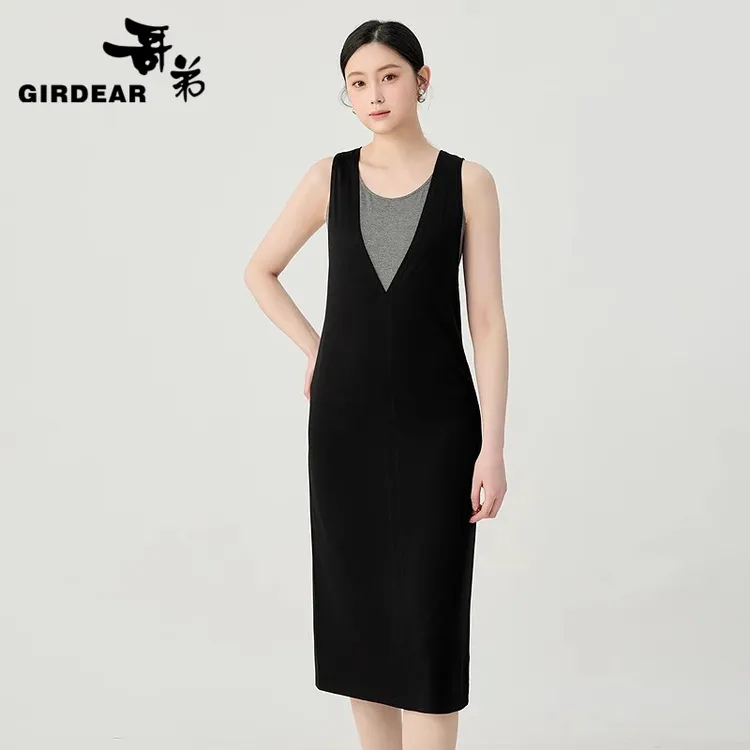 哥弟新款叠穿造型两件套无袖套头背心连衣长裙时尚休闲黑色150031