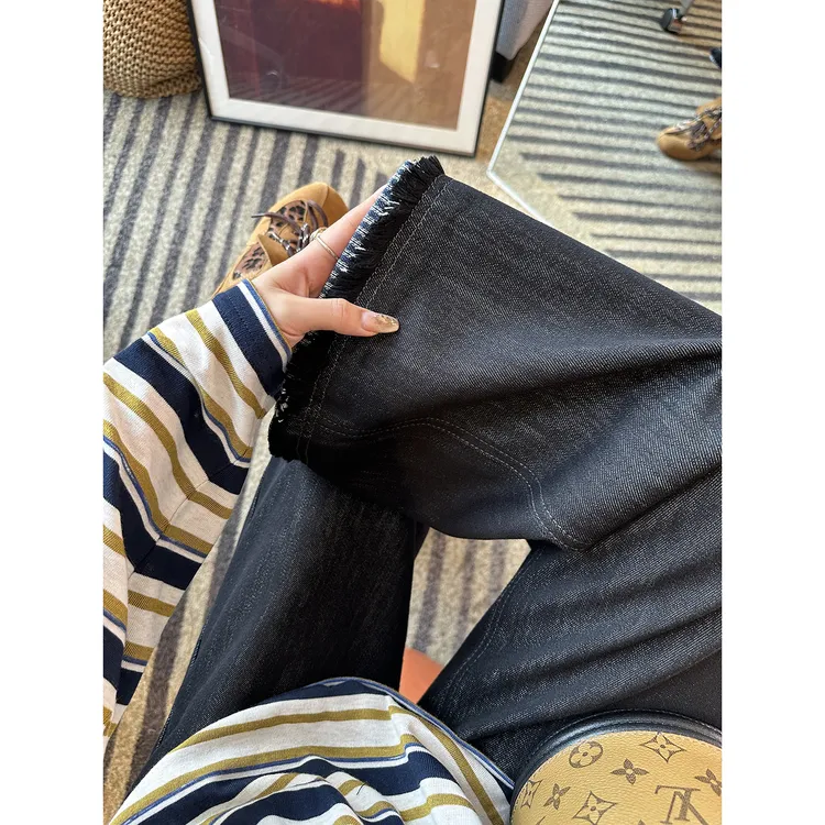 梨形神裤！~设计感毛边阔腿牛仔裤女2025秋新款宽松显瘦直筒奶奶裤