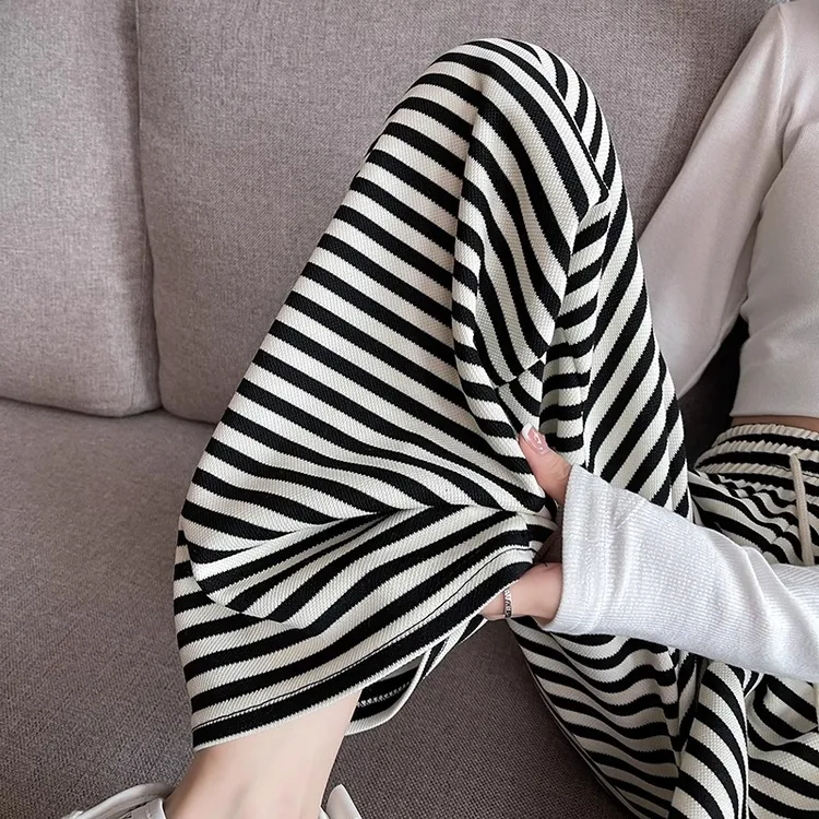 黑白条纹裤子女春秋2025新款高腰垂感窄版阔腿裤直筒休闲拖地长裤