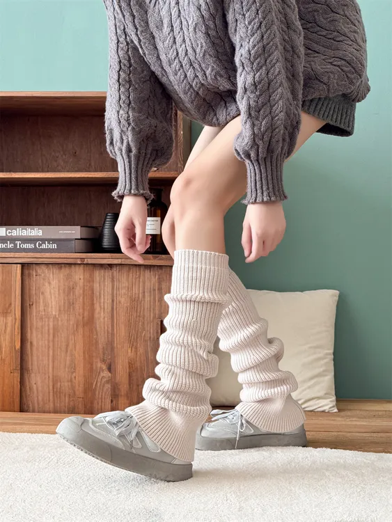 露露新款针织粗条毛线加长大腿袜过膝保暖腿套甜酷堆堆袜JK·50cm