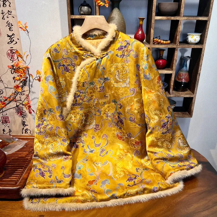 YUEZHE水貂毛国风棉衣女人丝香云纱棉服2025冬季新款中式棉袄外套