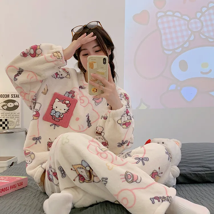 冬季新款睡衣女卡通睡衣加绒加厚家居服长袖套装网红甜美可外穿