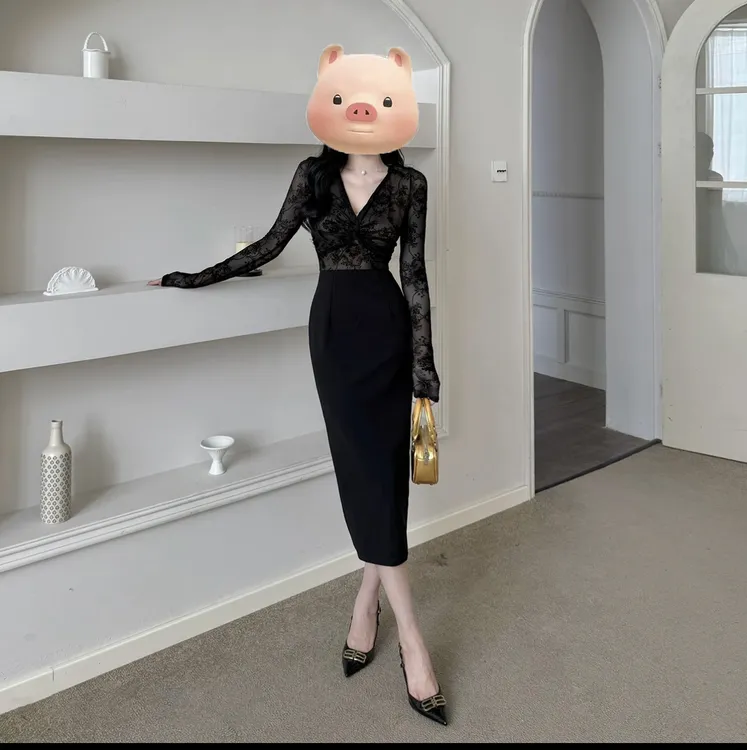 早秋气质性感V领收腰连衣裙修身包臀裙子高腰遮肚轻熟风长裙3361#