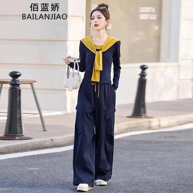 慵懒风撞色披肩长袖上衣工装阔腿裤两件套女2025秋季新款休闲套装