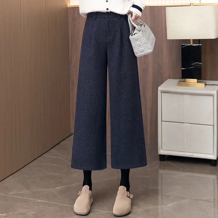 米白色八分阔腿裤女秋冬季小个子2025新款高腰宽松垂感直筒毛呢裤