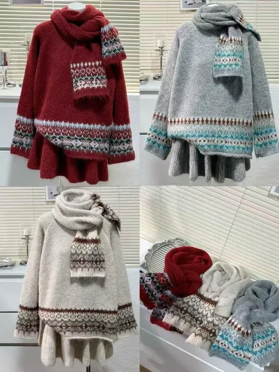 费尔岛风红色新年圣诞提花毛衣套装女秋冬复古慵懒风针织衫半身裙