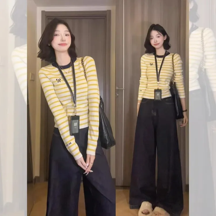 小个子撞色条纹蝴蝶结修身内搭打底衫女春秋毛衣高级感针织衫上衣