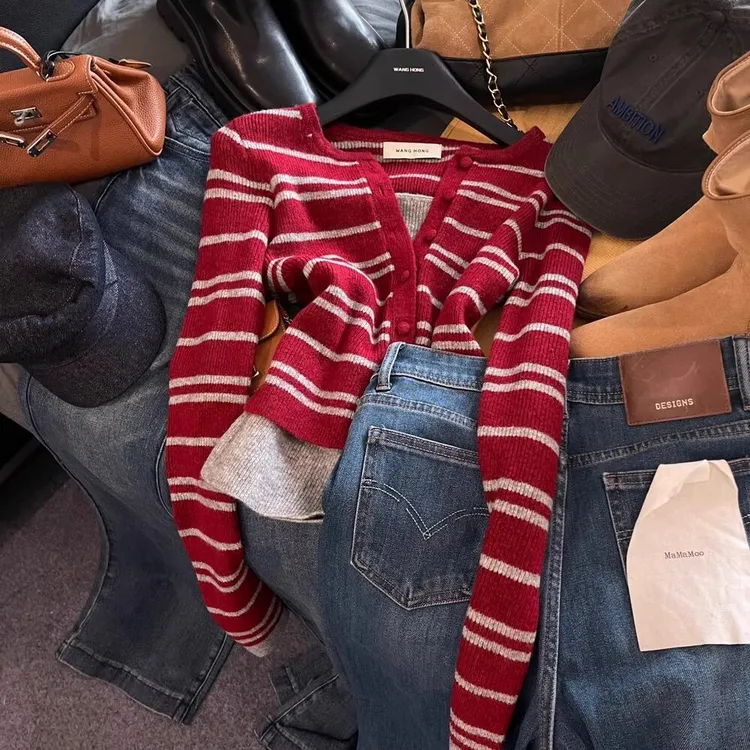 【羊毛】休闲2025冬新款洋气复古风百搭显瘦条纹假两件设计感针织衫
