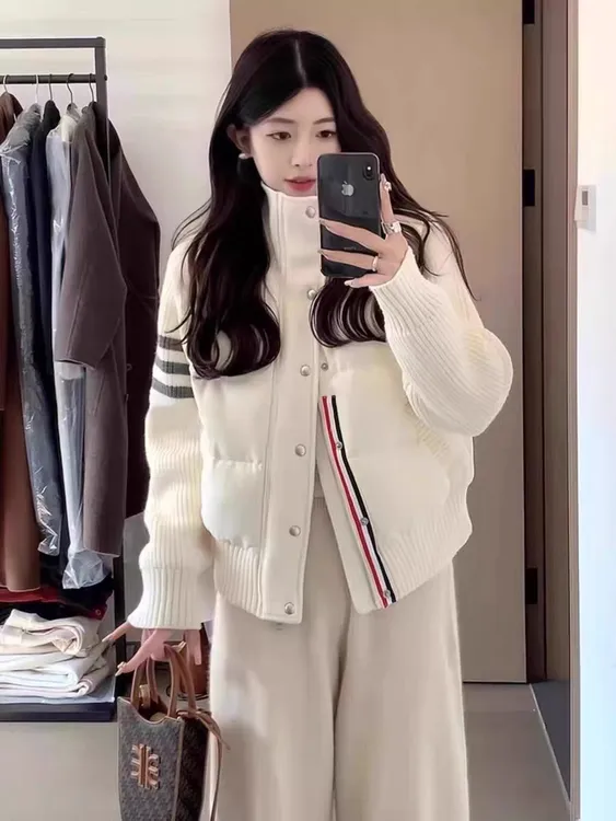 2025年冬季新款正肩百搭重工立领针织拼接修身短款气质棉服外套