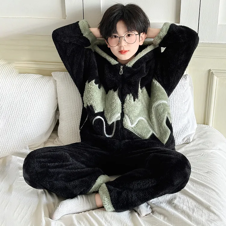 男童珊瑚绒睡衣冬季2025新款中大童秋冬款男孩加绒加厚儿童家居服