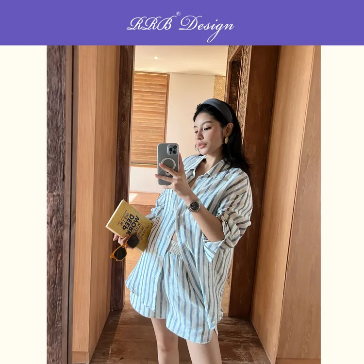 RRB Design「海岸新风」宽松显瘦拼色腰头条纹亚麻短裤百搭阔腿裤