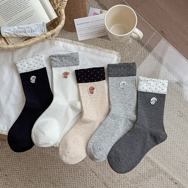 韩式袜子女刺绣蝴蝶结小狗纯棉中筒袜卡通可爱拼色无骨波点袜子