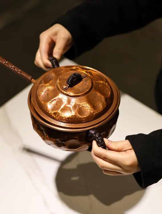 手作铜岩肌小铜锅两人锅新增1.6升小号煮锅可煮茶可火锅18×148cm