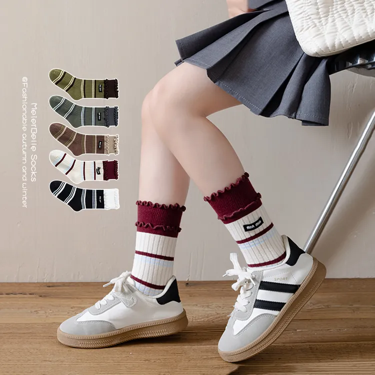 女童袜子春秋韩版miu系布标儿童字母双木耳边袜秋冬条纹中筒潮袜