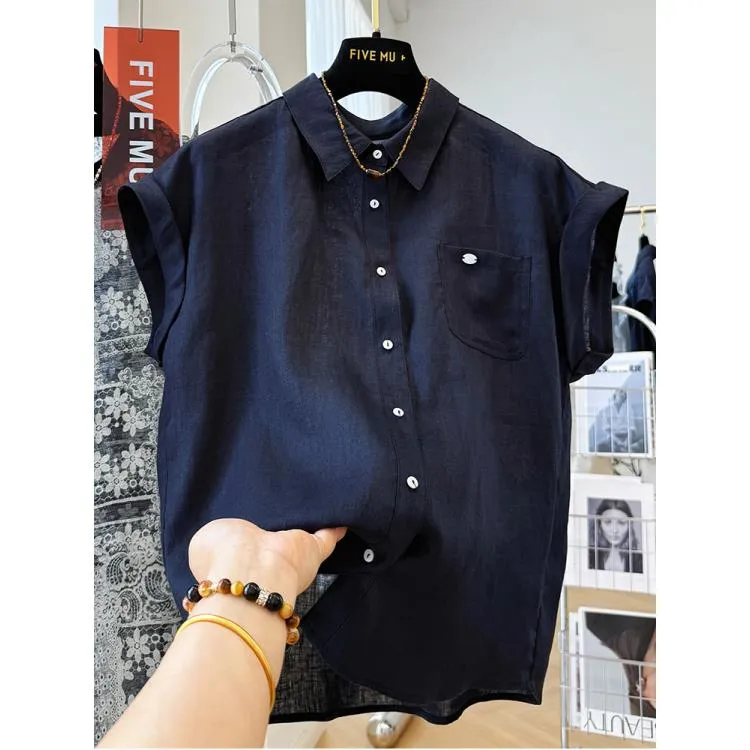 夏季薄款通勤风高级感独特漂亮卷边短袖翻领衬衫女气质小衫上衣