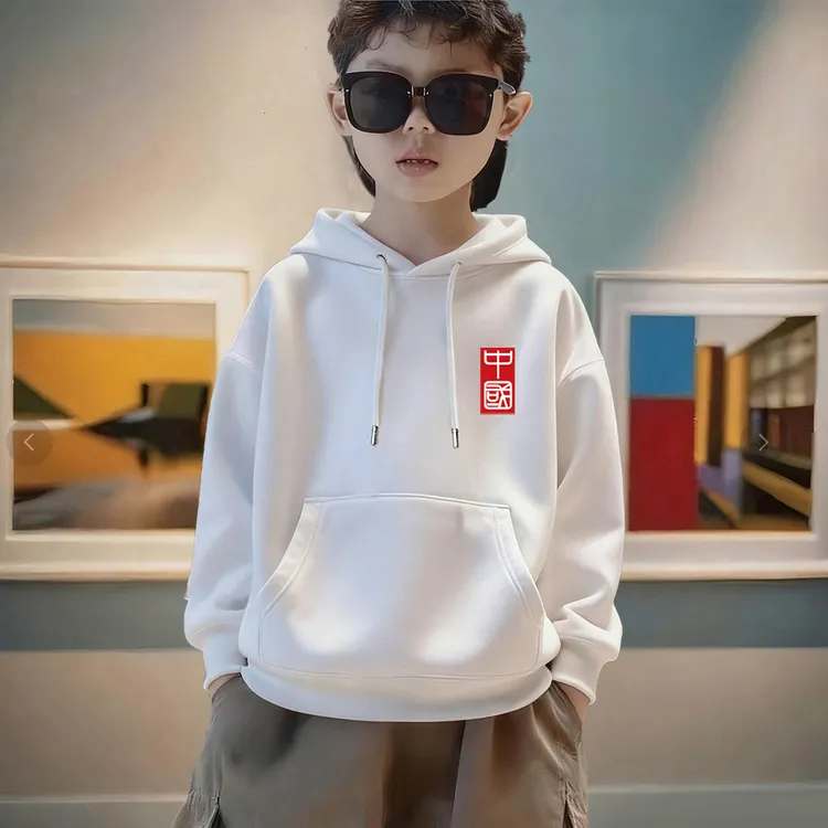 宽松休闲一体绒加厚连帽卫衣外套秋冬款中大男童加绒保暖印花上衣
