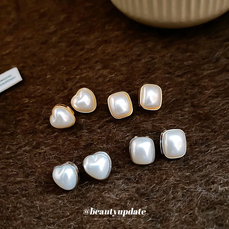 银针方形爱心珍珠耳钉女法式简约百搭耳环时尚气质耳饰秋冬高级感