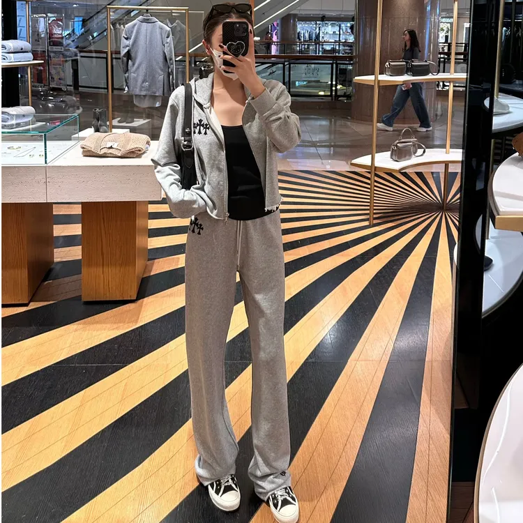 秋季抽绳慵懒风休闲风灰色时尚套装休闲华夫格时尚