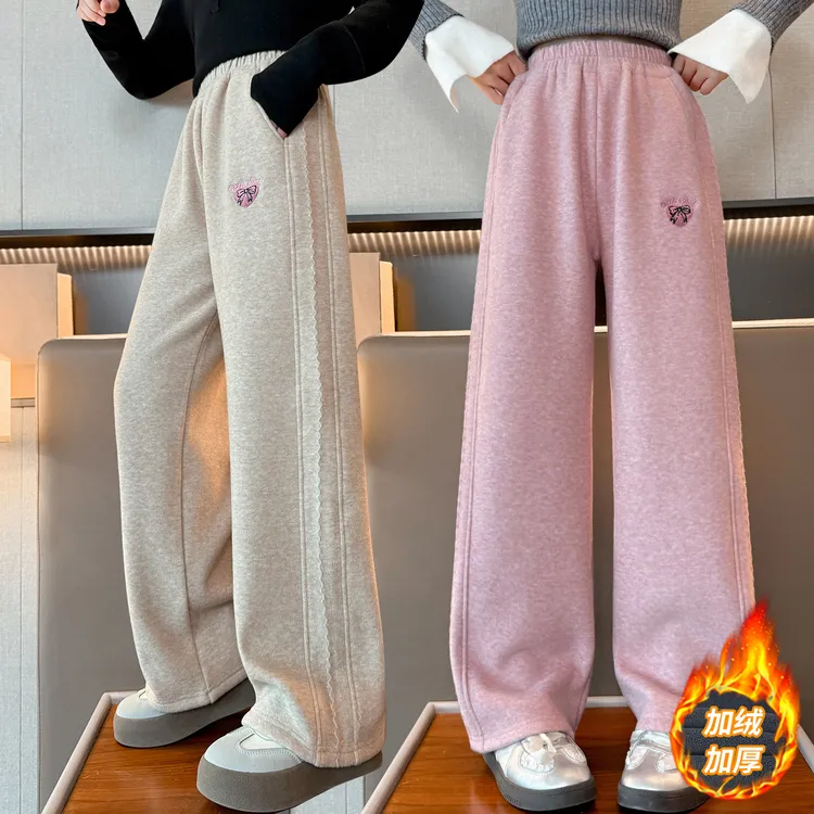 女童加绒糯米裤秋冬6-12岁潮酷女孩洋气休闲裤中大童百搭阔腿裤子