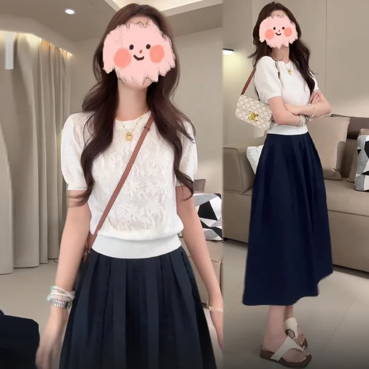 法式气质镂空提花圆领针织衫女夏季轻奢百搭高腰半身裙两件套装女