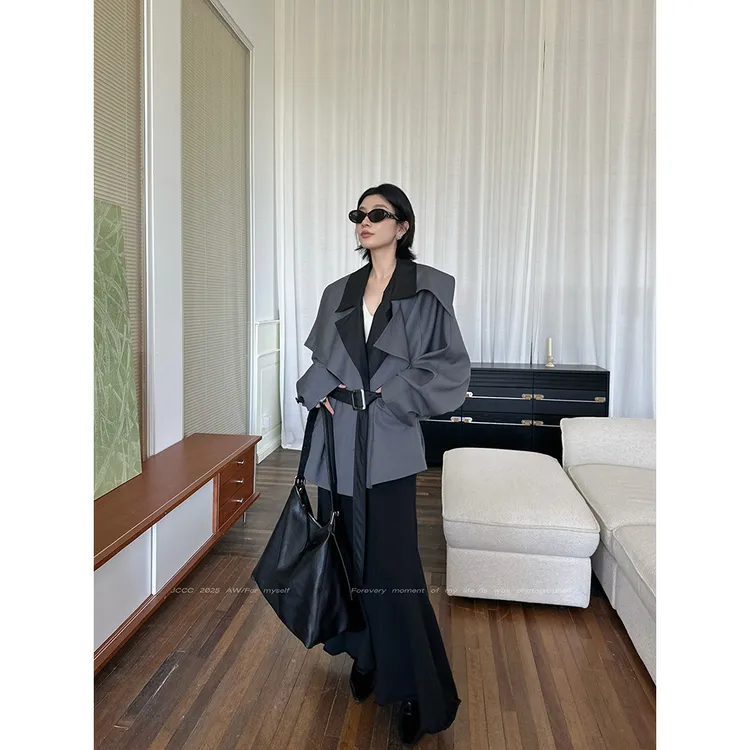 JCCC影子【远山】灰色可拆卸翻驳领撞色通勤短款风衣JE4BAZ28