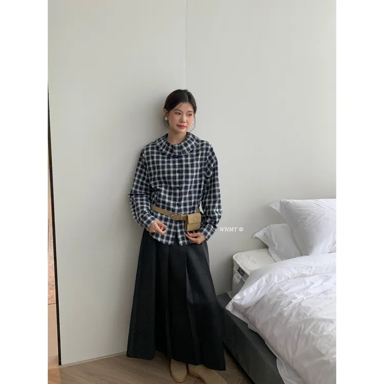 RS.WHMT-法式复古荷叶边领格纹百搭长袖衬衫上衣Q1318