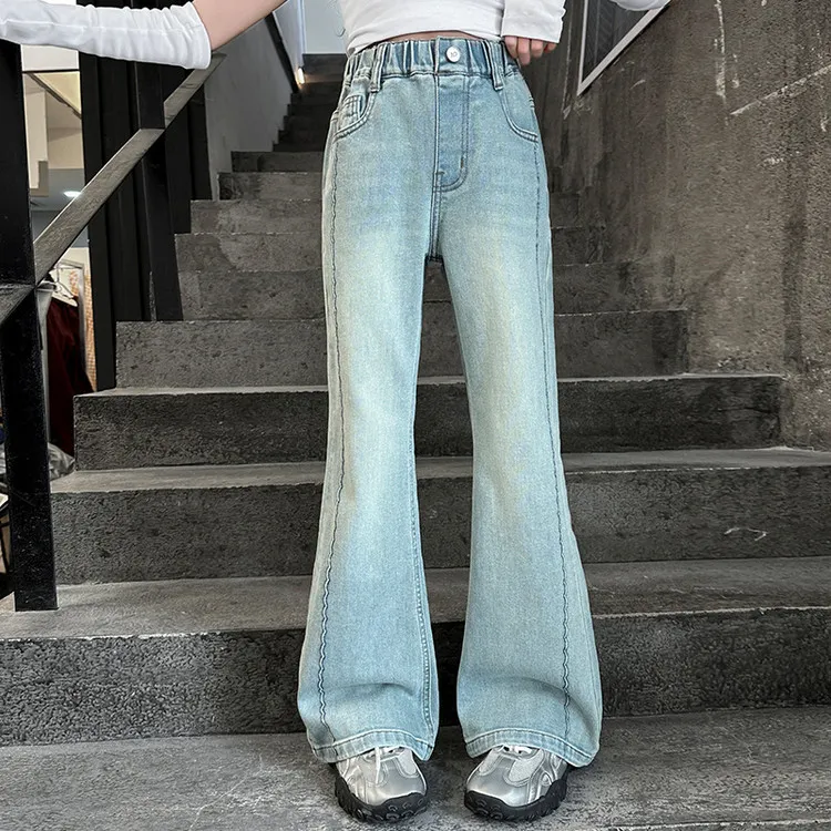 6-8-9-10-12-15岁儿童牛仔裤女童洋气喇叭裤中大童裤子春秋浅色潮