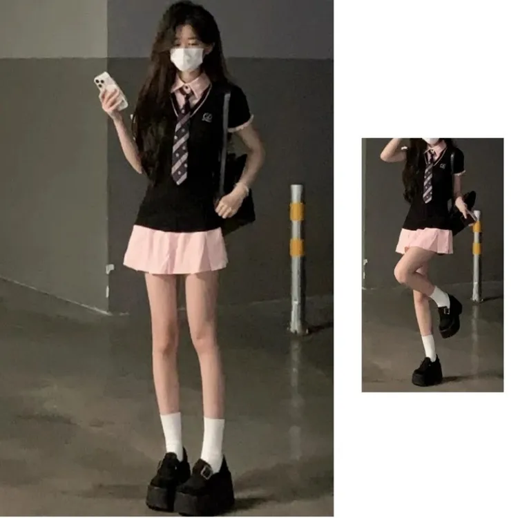 学院风假两件连衣裙女粉色jk制服小个子POLO领纯欲辣妹短袖a字裙