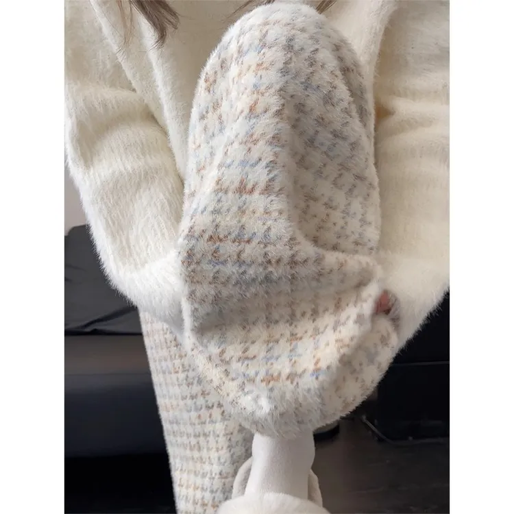 千鸟格阔腿裤女秋冬2025新款高腰慵懒休闲加绒羊毛绒白色格子裤子