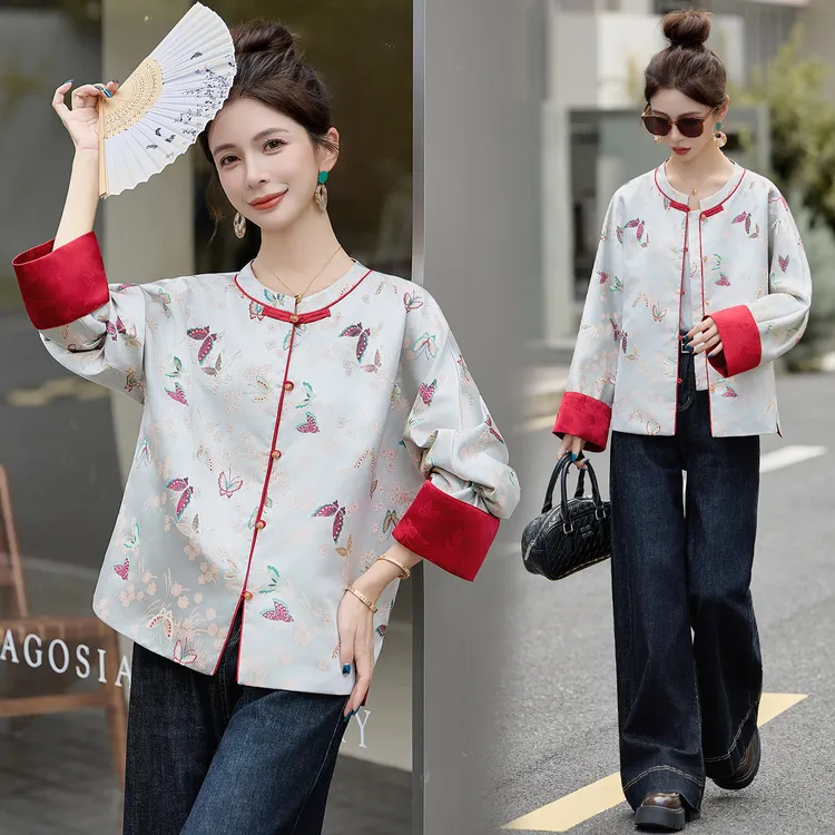 新中式国风复古提花外套女2025春秋新款气质宽松撞色短款唐装上衣
