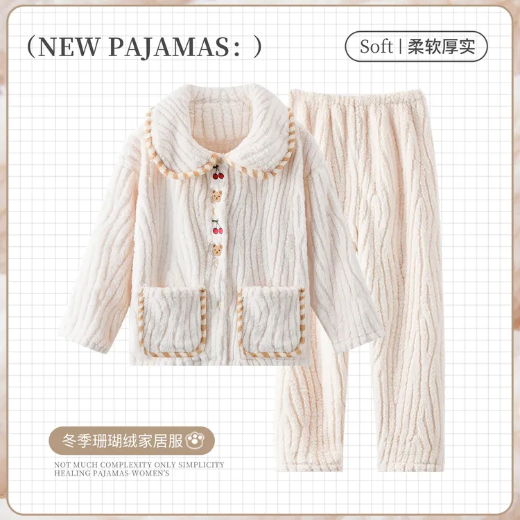 法兰绒秋冬季睡衣女款爆款2025新款家居服加绒加厚珊瑚绒保暖套装